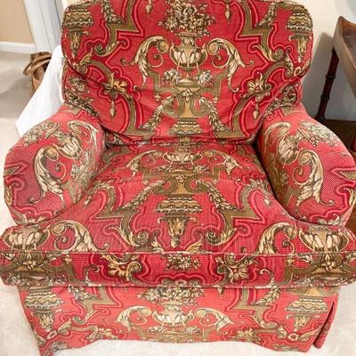 Armchair- Maroon upholstered Armchair by Southwood, Hickory, NC # 1	34”h x 34”w x 36” d