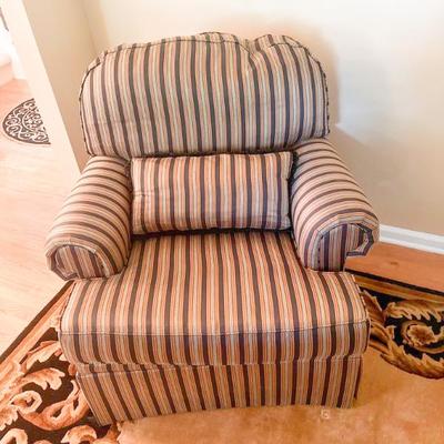 Armchair- Green, Black and Gold  striped Upholstered Arm Chair by Southwood, Hickory, NC # 1	34h” x 31w” x 37d”