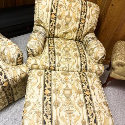 Upholstered arm chair Grecian style gold/black #2 with Ottoman by Southwood in Hickory NC	"Chair: 32”h x 33”w x 37”d
Ottoman:18” h x...