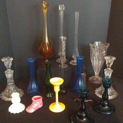 Assorted vintage vases and candlesticks