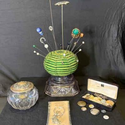 Antique sewing pin cushion, velvet box of buttons, sterling silver top glass vanity powder jar