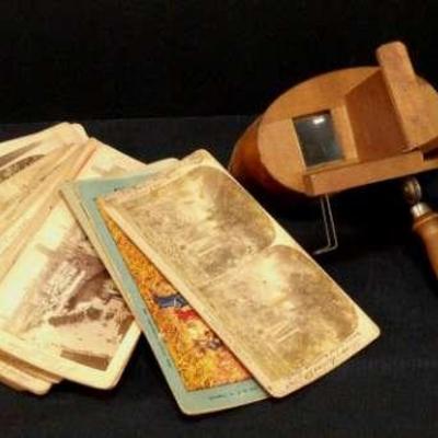 Antique Stereoscope Viewer with 20 Assorted Stereoscopic Card Collection