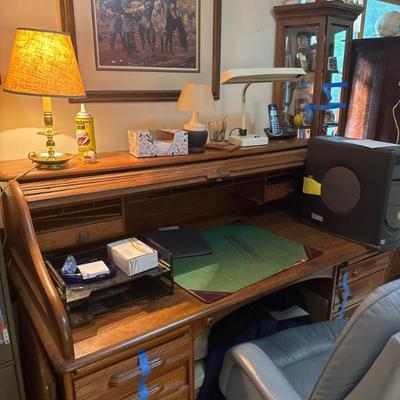 Bankers roll top desk with key and panic button Image