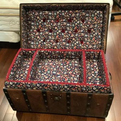 Sale Photo Thumbnail #66: $225 antique trunk fine inside upholstery, handles intact, 17"H 30"L 16"depth
