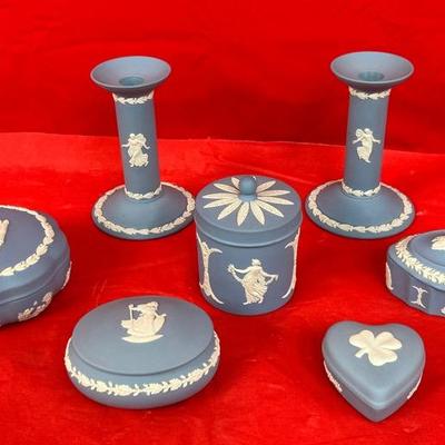 Blue Wedgwood Candlesticks And Trinket Boxes