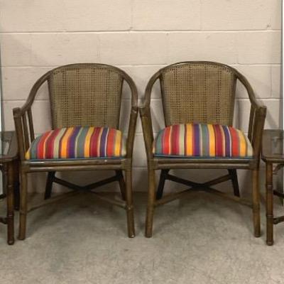 Rattan Cane Chairs W/ Rattan End Tables 