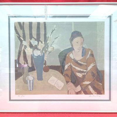 A. Salvadori "Woman at a Table with a Vase of Flowers" Lithograph