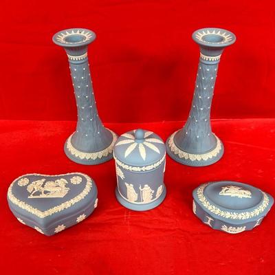 Blue Wedgwood Trinket Boxes And Candle Sticks