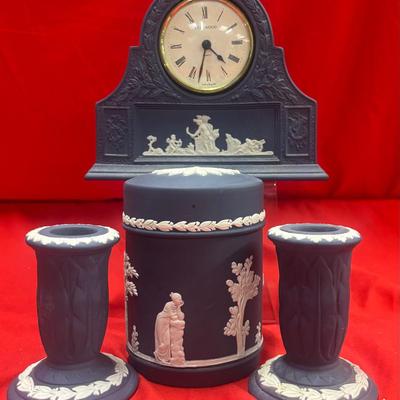 Wedgwood Jasperware Collection, Lidded Trinket Box /Mantel Clock / Candle Holders