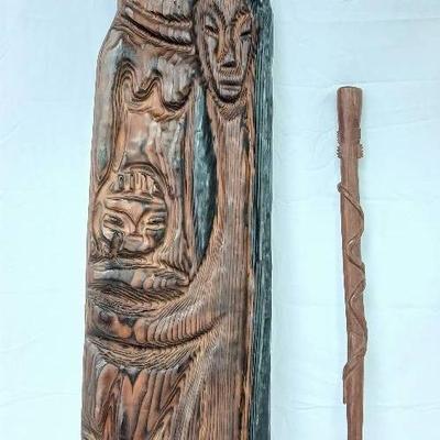 Witco Tiki Style Carved Wood Sculpture + Walking Stick