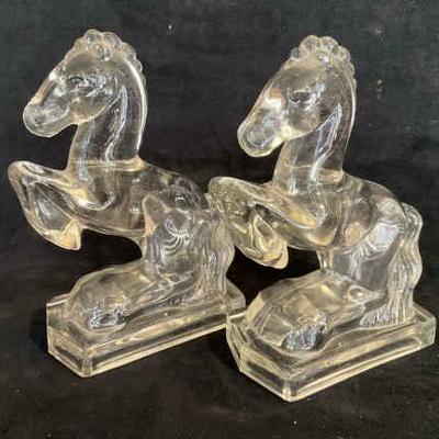 Vintage clear glass horse bookends