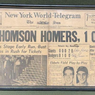 Ralph branca bobby thomas signed newspaper 1951