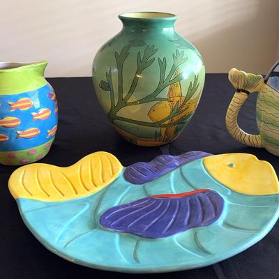 Collection Of Fish Ceramics, 2 Pitchers, A Vase And Serving Dish 