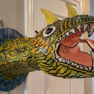 Unique 1994 Papier-Mâché and Vinyl Wall Dragon/Snake Lamp Signed By John D. Richards