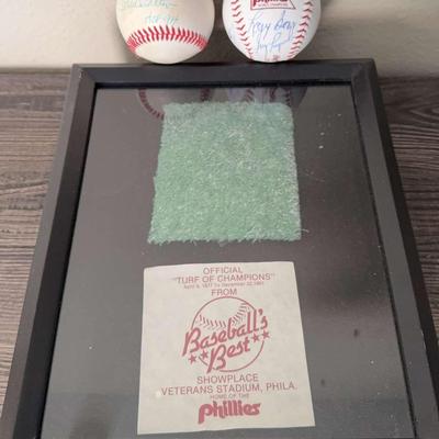 2 Phillies Signed Baseballs And Official Framed Turf Of Champions