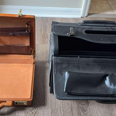 Wooden Brief Case With Large Black Rolling Brief Case