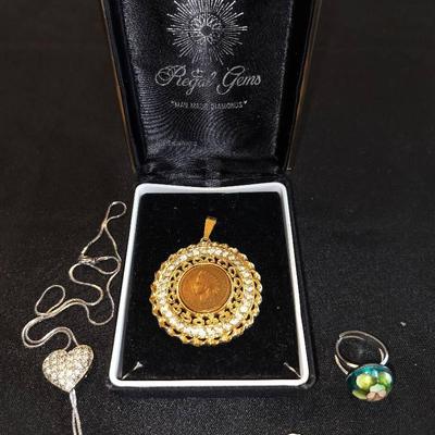 Regal Gems "Man Made Diamonds" 1904 Indian Head Penny Pendant + Costume Jewelry Necklace & Ring