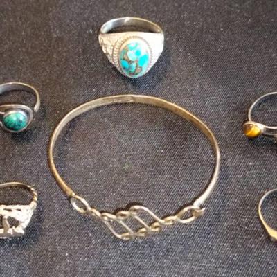 Sterling Silver Stamped 925 Bracelet And 5 Rings 24.78g