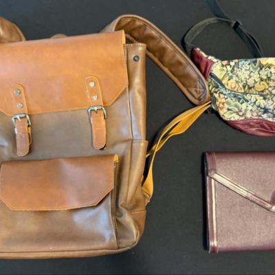 Leather Backpack, Cloth And Leather Fanny Pack And Maroon Clutch 
