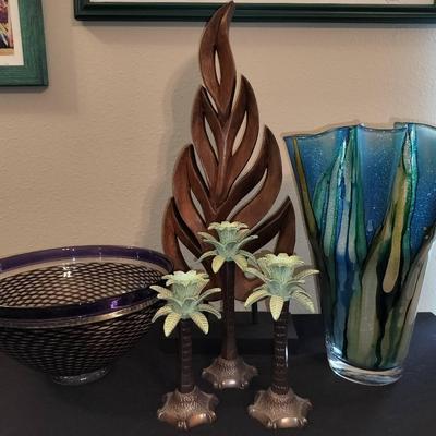 Aqua Colored Handkerchief Glass Vase, Wooden Leaf Decor, Glass Bowl, & 3 Metallic Palm Tree Figures