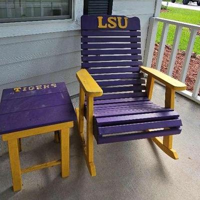 LSU Wood Rocking Chair And Table 