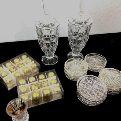 Footed Crystal Urns, Gold Salt & Pepper Shakers and Coasters