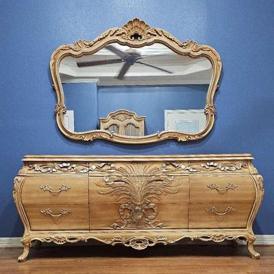 1970's Italian Provincial Hollywood Regency Dresser And Mirror By Glen Traditionals INC.