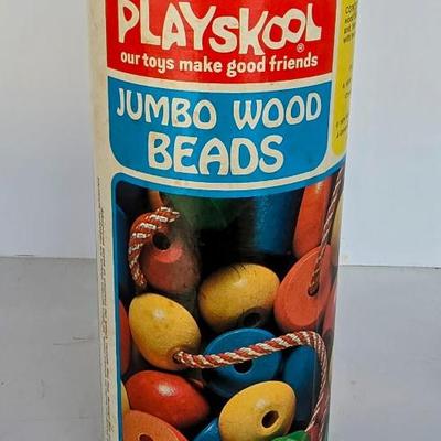 Vintage Playsckool Wooden Bead Set 15incl With String,Original Container JEN8001 $13.99