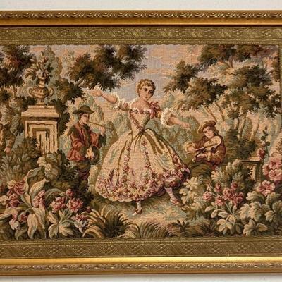 Framed french tapestry of a dancing lady with minstrels aaa2633