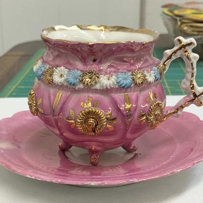 Antique German Hand Painted Pink and 22k Gold Footed Cup & Saucer Set AAA2363