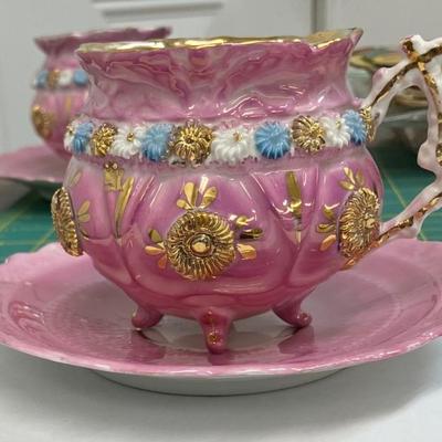 Antique German Hand Painted Pink and 22k Gold Footed Cup & Saucer Set AAA2362