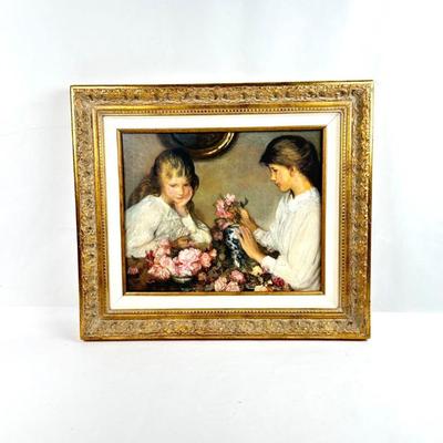 Lot #27 Vintage Framed Print Art - "Two Girls Arranging Roses" by Sir George Clausen