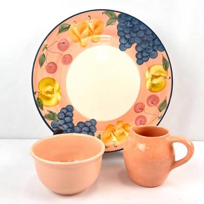 Lot #62 Handcrafted Pottery Floral Serving Platter with wood stand, Pottery Small Pitcher and ribbed bowl