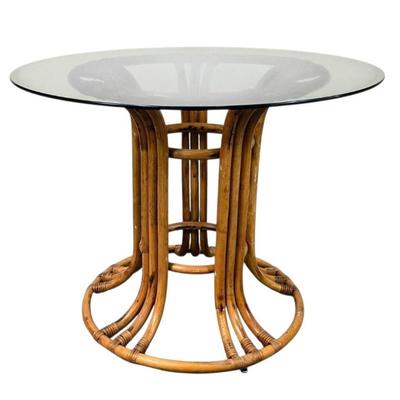 Lot #88 Mid Century Modern Italian Rattan Round Table with Smokey Green Glass