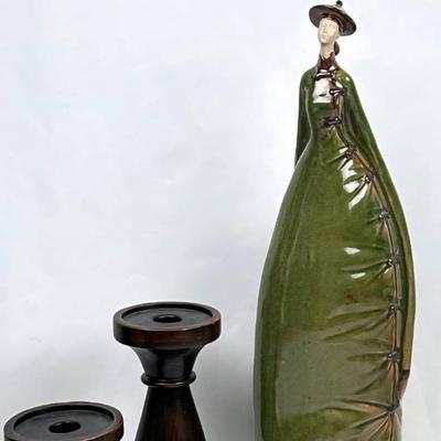 Vintage 1960s Tall Porcelain Statue of Asian Woman - Glazed Chinese Ceramic Figure & 2 Wood Candleholders