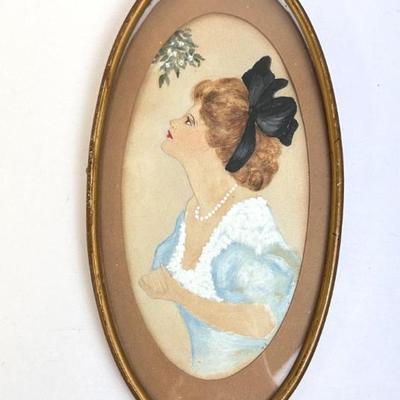 Lot #57 Framed Vintage Oval Hand Painted Victorian Woman, Initialed