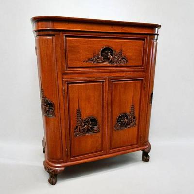 Lot #1 Mid-Century Hand Carved Teak Asian Bar Cabinet
