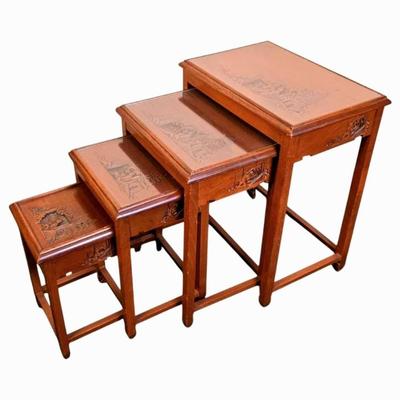 Lot #2 Mid Century Hand Carved Teak Nesting Tables - Set of 4 - matches Lot #1 Bar Cabinet