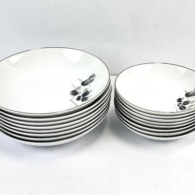 Sale Photo Thumbnail #32: Lot #35 Vintage Fukagawa Arita Fine China Dinnerware "Princess" Black/Gray Rose - 8 Soup Bowls & 8 Fruit Bowls - 16 Pieces