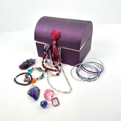 Lot #50 Vintage Purple Silk Covered Jewelry “Treasure Chest” with Assorted Jewelry