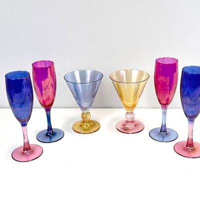 Lot #18 Vintage Iridescent Barware from Italy - 4 Champagne Flutes and 2 Cocktail