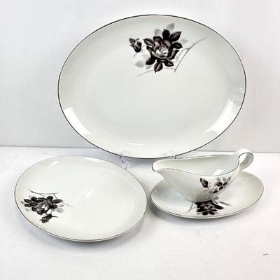 Lot #39 Vintage Fukagawa Arita Fine China "Princess" Black/Gray Rose - Two Serving Platters, Gravy Boat & Underplate