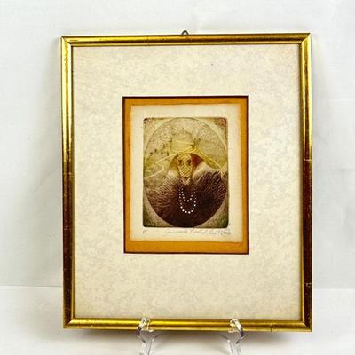 Lot #51 Vintage Framed Print "Dáma V Zeleném Klobouku" by Prague Artist Michaela Lesarová-Roubícková - Signed and Numbered
