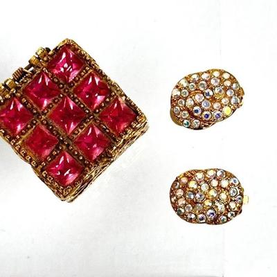 Lot #101 Beautiful Swarovski Clip Earrings and Tiny Trinket Box with Pink Rhinestones