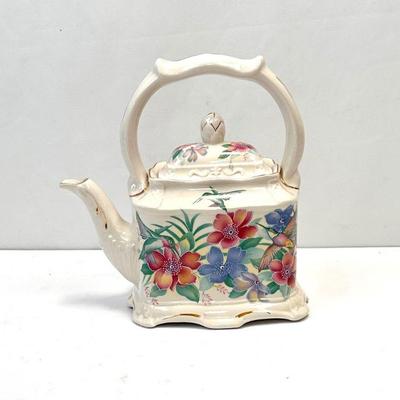 Lot #38 Vintage Crown Dorset Staffordshire Teapot, England - Rectangular Teapot with Flowers & Hummingbirds
