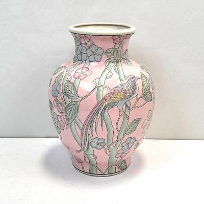 Mid Century WBI Chinese Porcelain Vase, Pink Ceramic Hand Painted Floral with Birds, Marked D14