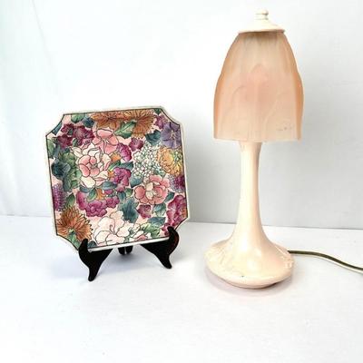 Lot #130 Antique Sarsaparilla Art Deco Bronze Lamp w/Pink Satin Glass Shade & Vintage Andrea by Sadek Decorative Floral Plate