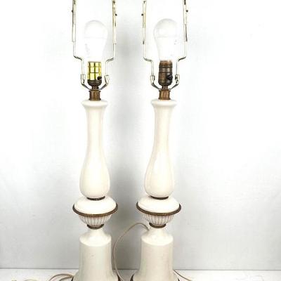 Lot #95 Mid Century Modern White Porcelain and Brass Lamps - Hollywood Regency - Tested, Works