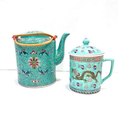 Lot #34 Vintage Chinese Teapot & Dragon Tea Mug with Lid