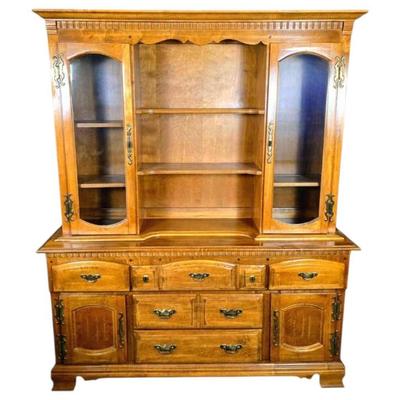 Lot #15 Vintage Dining Buffet & Hutch - Solid Wood, Honey-Toned Finish, Paneled Doors, Brass Hardware